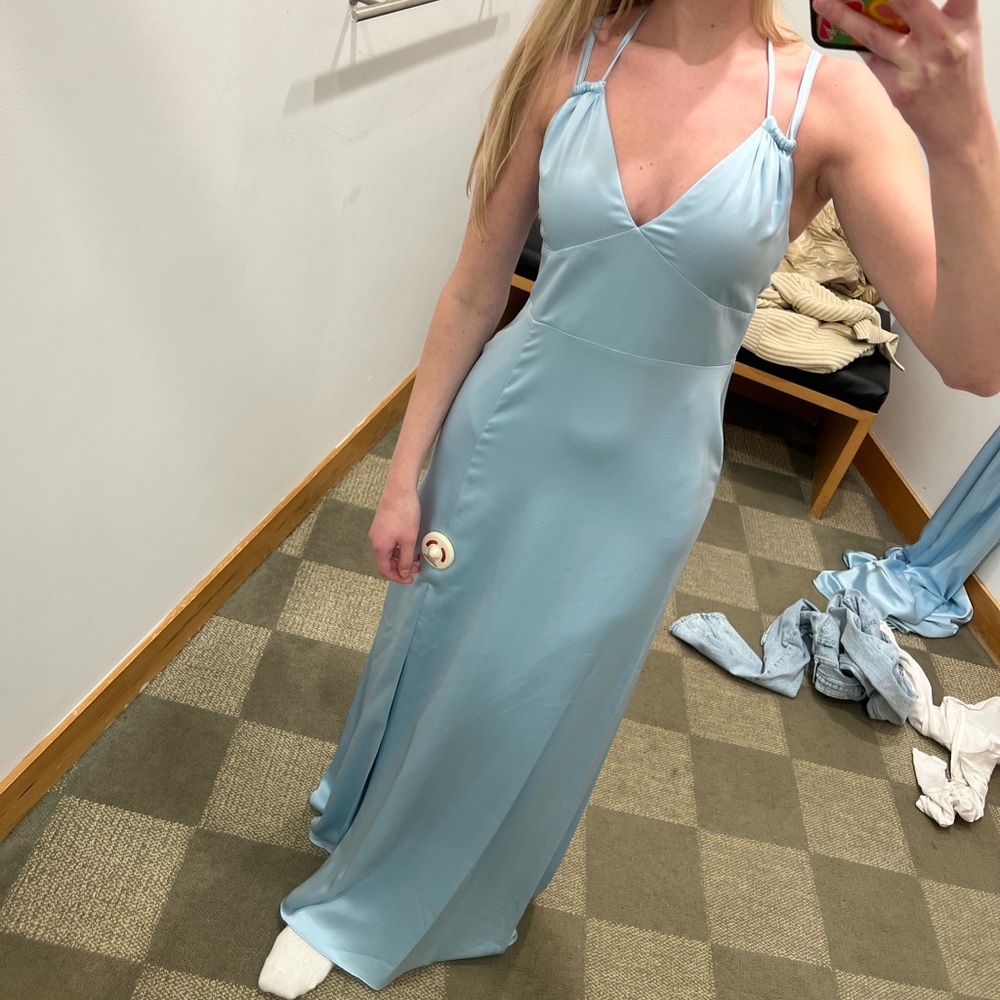 NWOT Bloomingdales Aqua Light Blue Satin V-neck Evening Dress